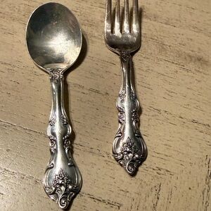 International deep silver plated vintage grape pattern child's Spoon and Fork